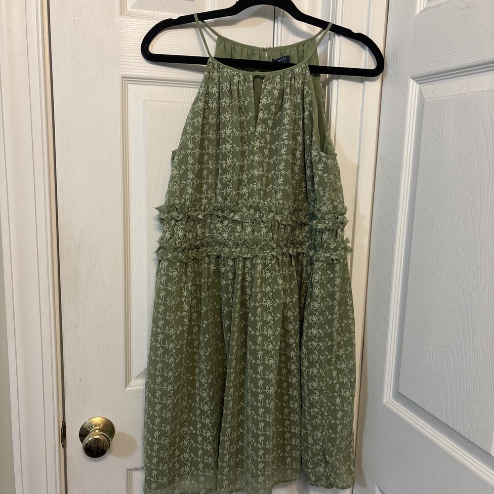Kaari Blue Embroidered Eyelet Floral Sleeveless Midi Dress Green Boho M